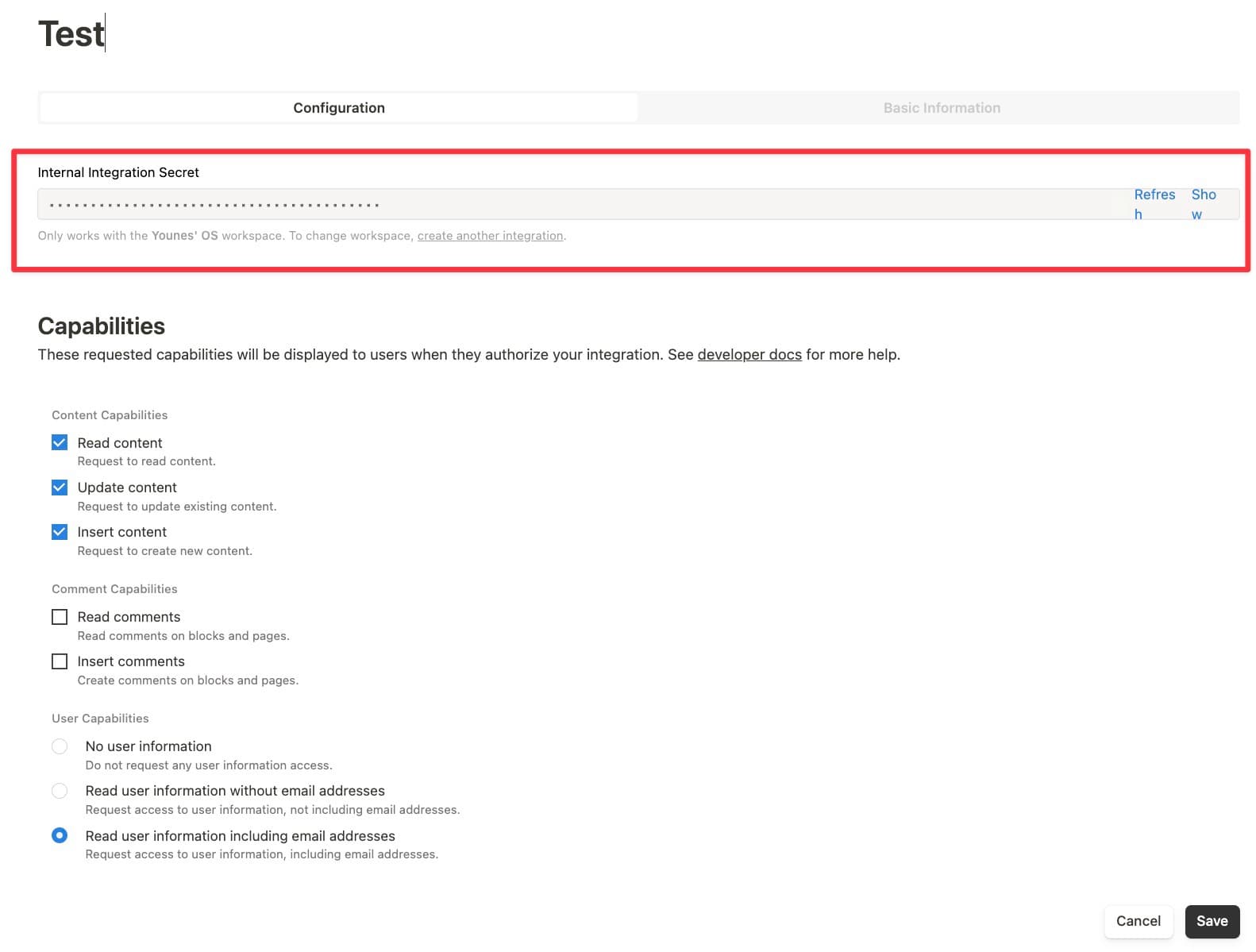 Notion Integration Secret Key Screen
